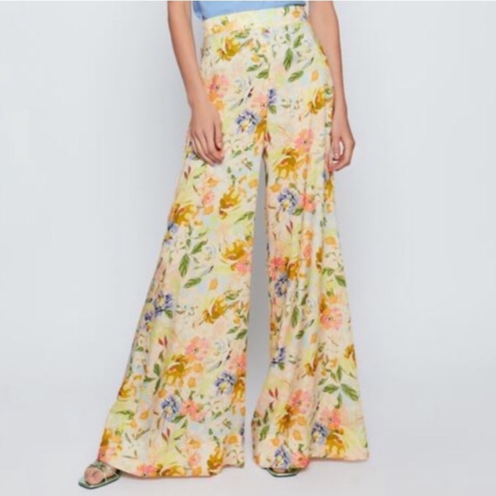 zara bright floral wide leg high rise pants teacher office vacation festival fun